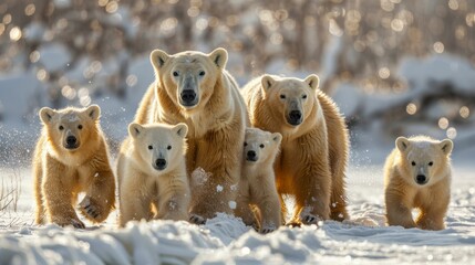 Group of polar bears, carnivores with snouts, adapt to snowy landscape - obrazy, fototapety, plakaty