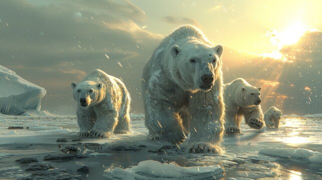 A pack of carnivorous polar bears gracefully swim through the liquid