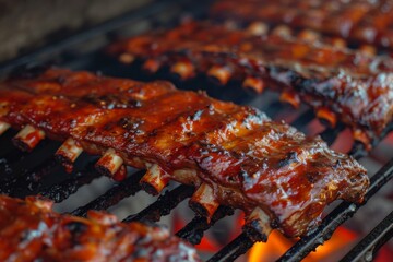 Juicy barbecued ribs cooking on a grill