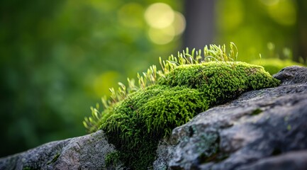 Lush green moss growing on a rock in a serene forest setting - obrazy, fototapety, plakaty