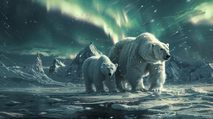 Poster Two polar bears in the snow beneath the Northern Lights © Yuchen