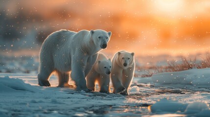 A mother polar bear and her two cubs traverse the icy landscape - obrazy, fototapety, plakaty