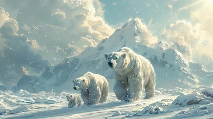 Fototapeten Two polar bears roam snowy landscape near a mountain © Yuchen