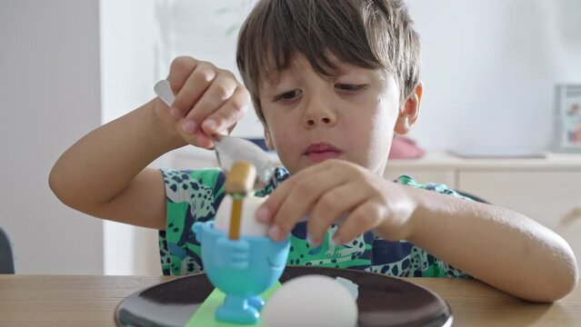 Breakfast Time - Young Boy Enjoys Hard-Boiled Egg In His Delightful Kid’s Egg Cup