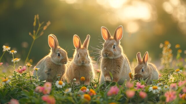 A group of wood rabbits and mountain cottontails stand in a field of flowers