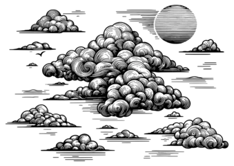 Fotobehang Clouds and Sun engraving PNG illustration with transparent background © Oleksandr Pokusai
