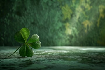 Four-leaf clover on a textured surface with a green blurred background - obrazy, fototapety, plakaty