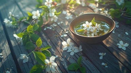 Bowl of water with spring blossoms on a wooden surface - obrazy, fototapety, plakaty