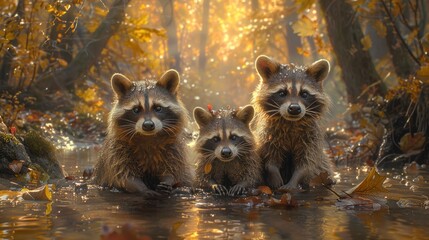 Three raccoons sit in a woodland stream, surrounded by a natural landscape