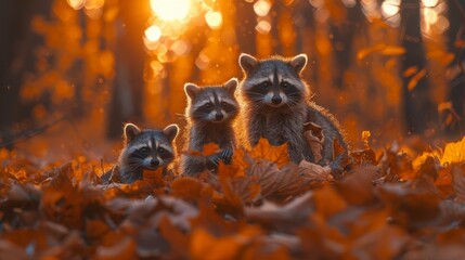 Three raccoons mingle in a leafy woodland setting - obrazy, fototapety, plakaty