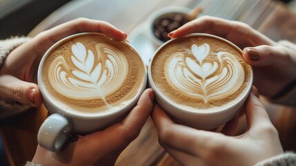 Friends holding cup of coffee in front of cafe window by the street, concept of girls' time, relaxation, get together, coffee time, friendship, with copy space.