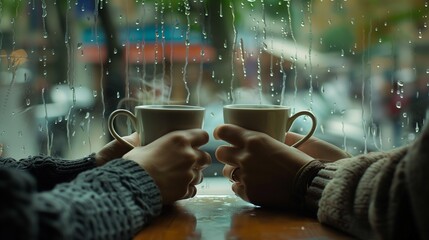 Friends holding cup of coffee in front of cafe window by the street, concept of girls' time, relaxation, get together, coffee time, friendship, with copy space. - obrazy, fototapety, plakaty