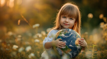 Naklejka premium Cute little girl hugging globe on spring outdoor park, copy space, concept of environment protection, the Earth Day.