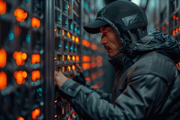 Security breach alert: Hacker accessing data center servers - obrazy, fototapety, plakaty