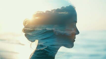 Image of double exposure photography with a woman's profile with the serene beauty of the ocean.