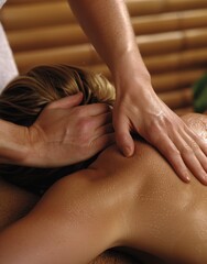 A woman getting a massage with a close up view of the hands. 