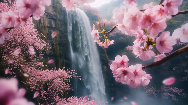 Image of cherry blossom fields and waterfall.