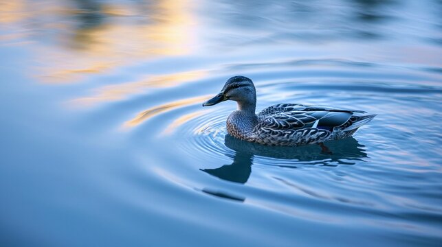 Image of duck on the calm surface of a pond.