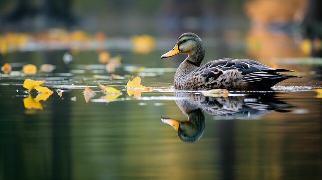 Image of duck on the calm surface of a pond.