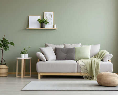 Stylish living room interior with green walls comfortable sofa elegant furniture and potted plants