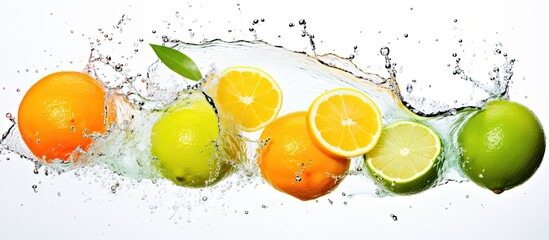 Various types of fruits such as apples, oranges, and lemons are falling into the clear blue water