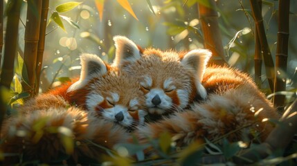 Two carnivorous red pandas sleeping among grass and plants in the woods