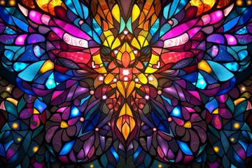 Cercles muraux Coloré A vibrant stained glass window pattern, incorporating symbols and characters from the game, set against the light to create a luminous and colorful effect created with Generative AI Technology