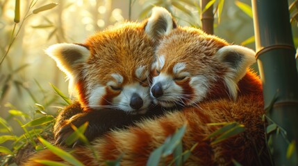 two red pandas are hugging each other in a bamboo forest - Powered by Adobe