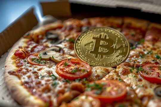 bitcoin against the backdrop of a pizza . Concept Cryptocurrency, Food, Bitcoin, Finance, Photography