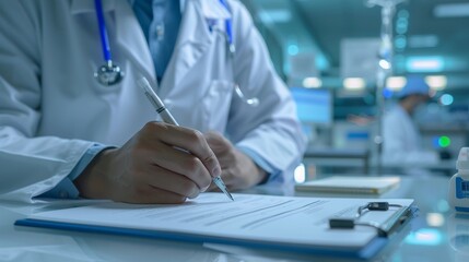 Doctor hand writing prescription on desk with medical equipment background, Doctor is working in hospital