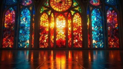 Stickers fenêtre Coloré A vibrant stained glass window pattern, incorporating symbols and characters from the game, set against the light to create a luminous and colorful effect created with Generative AI Technology