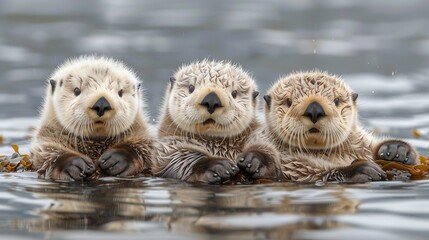 Three young otters playfully swim in their natural aquatic habitat