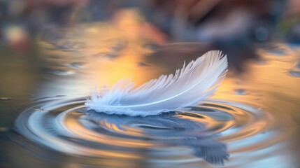 Image of feather floats on water.