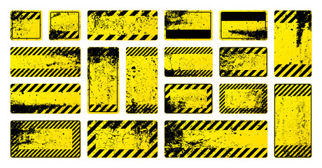 Various yellow grunge warning signs with diagonal lines. Old attention, danger or caution sign, construction site signage. Realistic notice signboard, warning banner, road shield. Vector illustration