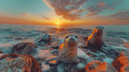 Seals lounging on rocks as the sun sets over the ocean - obrazy, fototapety, plakaty