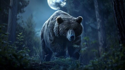 Generate a cinematic 70mm film still featuring a majestic bear roaming through a dense, moonlit forest at night