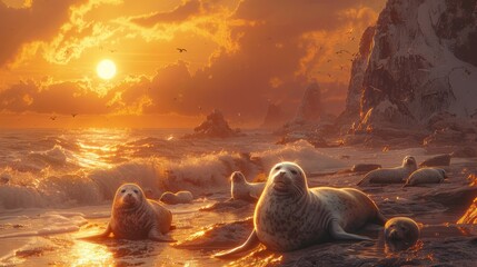 A group of seals lounging on the beach beneath a colorful sunset sky