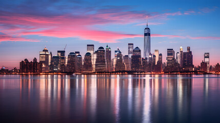 Fototapeta na wymiar Manhattan Skyline at Dusk: A Harmonious Blend of Nature and Urban Architecture