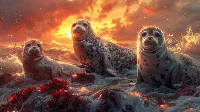 Three marine mammals with fur are sitting on a rock in the water