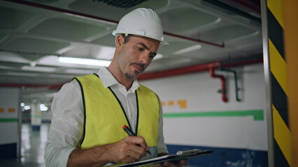 Serious inspector writing paper working underground closeup. Expert man checking