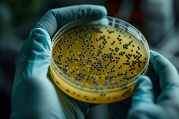 The person is observing bacteria in a petri dish, potentially studying its growth patterns. The bacteria could be used in food, plant growth, or even in a beehive for beneficial purposes - obrazy, fototapety, plakaty
