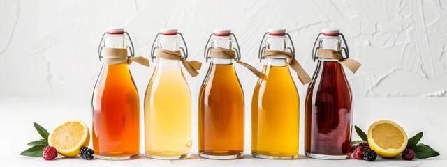 Bottled kombucha tea. Set of glass bottles with filtered kombucha drinks made of yeast, sugar and tea with addition of fruits and berries for different tastes. Fermented tea or tea kvass banner
