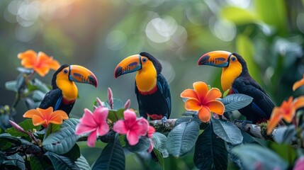 Three toucans perched on a branch amidst colorful flowers