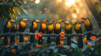 A row of toucans perched on a branch in the lush jungle
