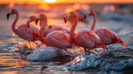Greater flamingos standing in lake water at sunset