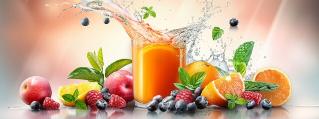 Drink for immunity. Immune booster antivirus drink with vitamin C fruits and berries. Glass of juice with liquid splash, immunity protection in virus season. Natural medicine concept. 