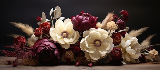 Colorful flowers arranged in a bouquet placed on a wooden table with a dark black background setting a striking contrast
