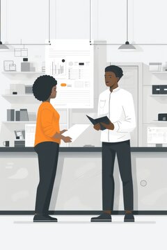 A clean simple depiction of a person consulting a product manual with a store associate