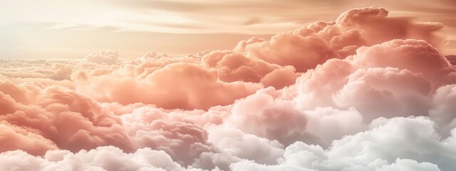 Dreamy skyscape with soft peach fuzz and pink clouds, resembling cotton candy, stretching across the horizon in a tranquil and soothing display of nature's beauty - obrazy, fototapety, plakaty