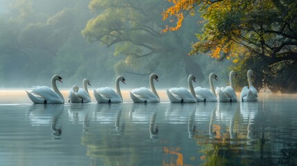 A group of water birds like ducks, geese, and swans gracefully swim in the lake - obrazy, fototapety, plakaty